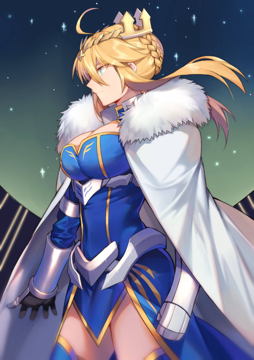 1girl artoria_pendragon_(all) artoria_pendragon_(lancer) breasts closed_mouth eyebrows_visible_through_hair fate/grand_order fate_(series) hair_between_eyes highres large_breasts long_hair long_sleeves solo standing yorukun