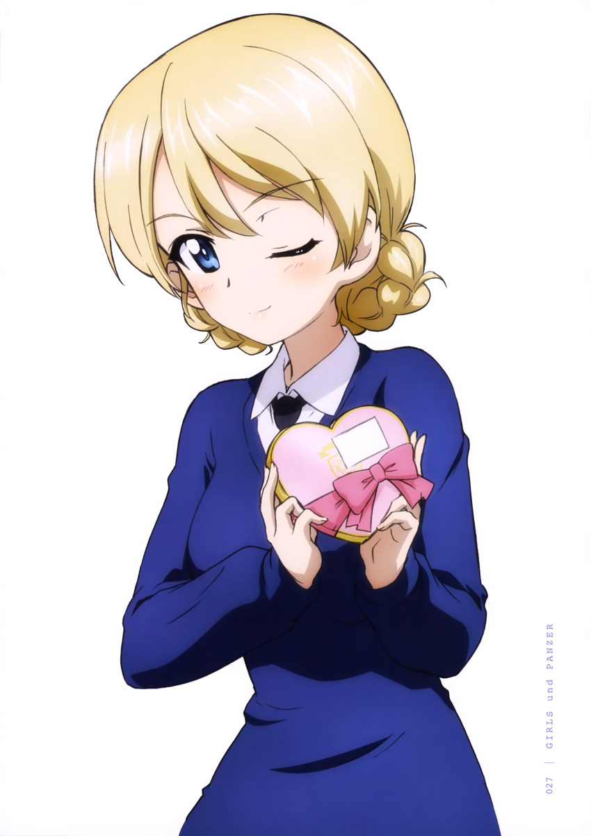 1girl ;d absurdres black_neckwear blonde_hair blue_eyes blue_sweater blush box copyright_name darjeeling eyebrows_visible_through_hair gift gift_box girls_und_panzer hair_between_eyes heart-shaped_box highres holding holding_box looking_at_viewer necktie official_art one_eye_closed open_mouth page_number shirt short_hair simon smile solo st._gloriana's_school_uniform sweater tied_hair upper_body valentine white_background white_shirt yoshida_nobuyoshi