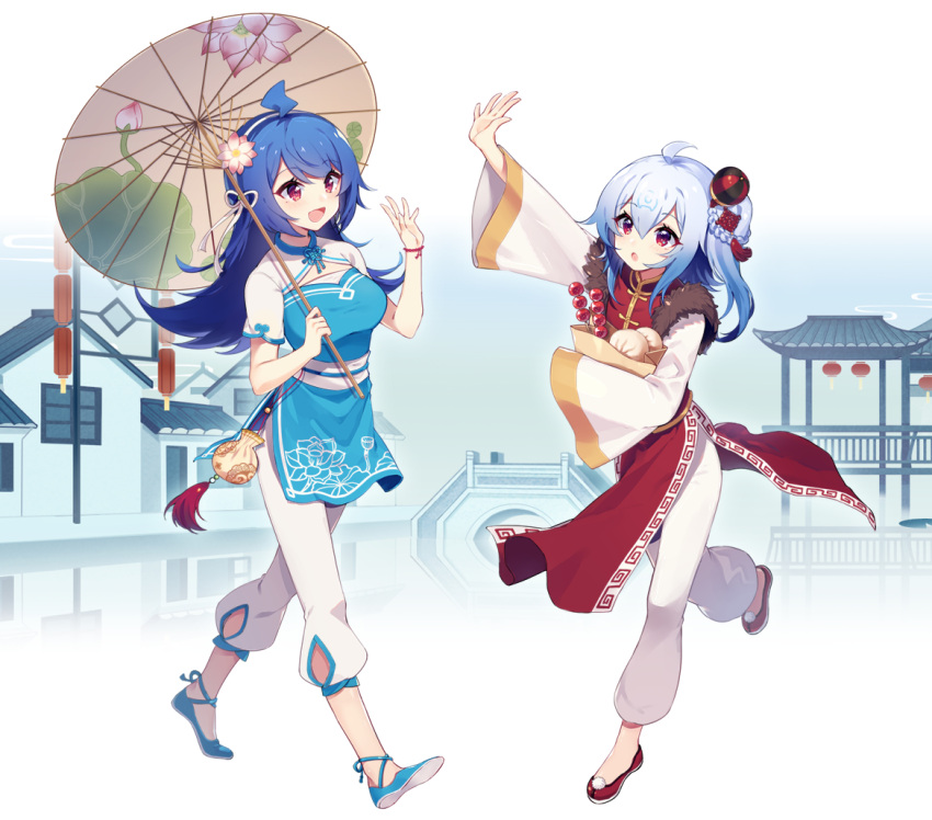 2girls ahoge bili_girl_22 bili_girl_33 bilibili_douga blue_hair blush breasts eyebrows_visible_through_hair flat_chest flower hair_flower hair_ornament large_breasts long_hair long_sleeves looking_at_another multiple_girls open_mouth oriental_umbrella pagoda parted_lips sharlorc short_hair short_pointy_ears short_sleeves side_ponytail smile umbrella