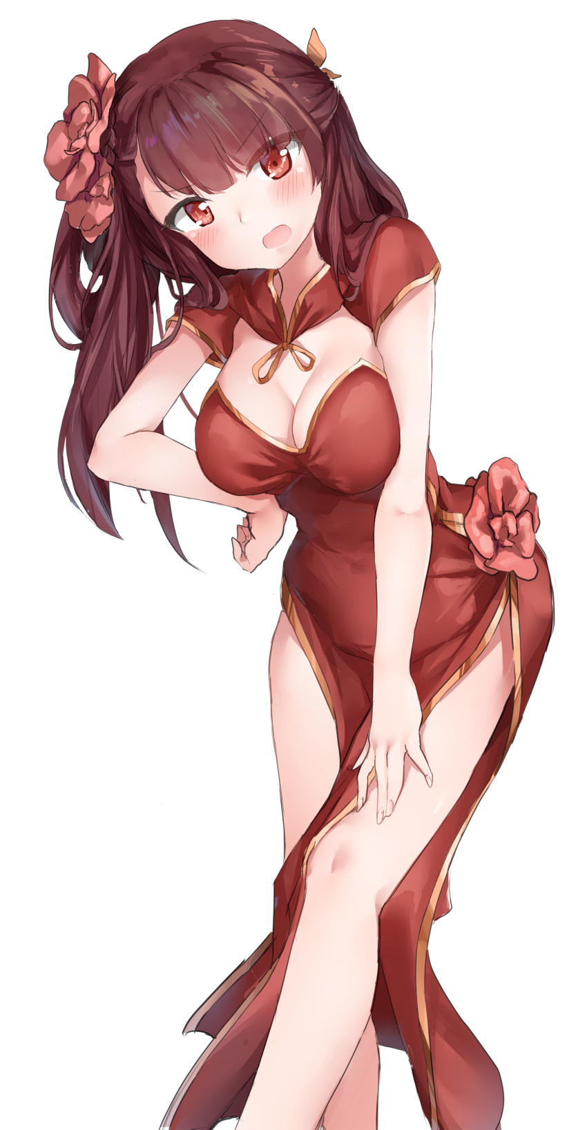 1girl absurdres bangs blush breasts china_dress chinese_clothes cleavage cleavage_cutout dress eyebrows_visible_through_hair flower girls_frontline hair_flower hair_ornament hair_ribbon hand_on_hip hand_on_own_thigh hansal highres large_breasts leaning_forward long_hair looking_at_viewer one_side_up open_mouth pelvic_curtain purple_hair red_dress red_eyes ribbon side_slit simple_background solo very_long_hair wa2000_(girls_frontline) white_background