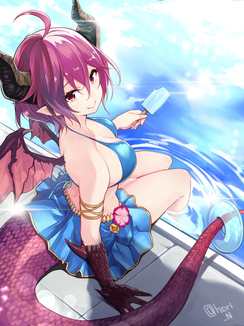 1girl ahoge bangs bare_shoulders bikini bikini_skirt blue_bikini breasts cleavage day demon_girl demon_horns dragon_girl dragon_horns dragon_tail dragon_wings eyelashes food granblue_fantasy grea_(shingeki_no_bahamut) hair_between_eyes highres holding holding_food horns ice_cream large_breasts looking_at_viewer nino_(shira) outdoors pointy_ears popsicle purple_hair red_eyes shadow shingeki_no_bahamut shiny shiny_hair short_hair sitting smile solo_focus swimsuit tail twitter_username wading_pool water wet wet_hair wings