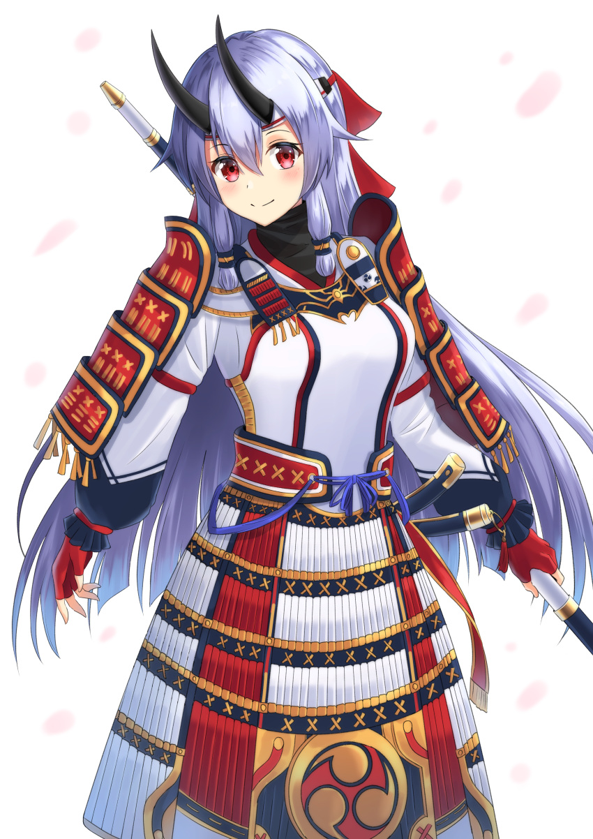 1girl absurdres armor blush breastplate cowboy_shot fate/grand_order fate_(series) fingerless_gloves floating_hair furan_(pixiv20237436) gloves hair_between_eyes head_tilt highres holding holding_weapon horns japanese_armor long_hair looking_at_viewer polearm red_eyes red_gloves sheath shoulder_armor sidelocks silver_hair smile solo standing tomoe_gozen_(fate/grand_order) turtleneck very_long_hair weapon white_background