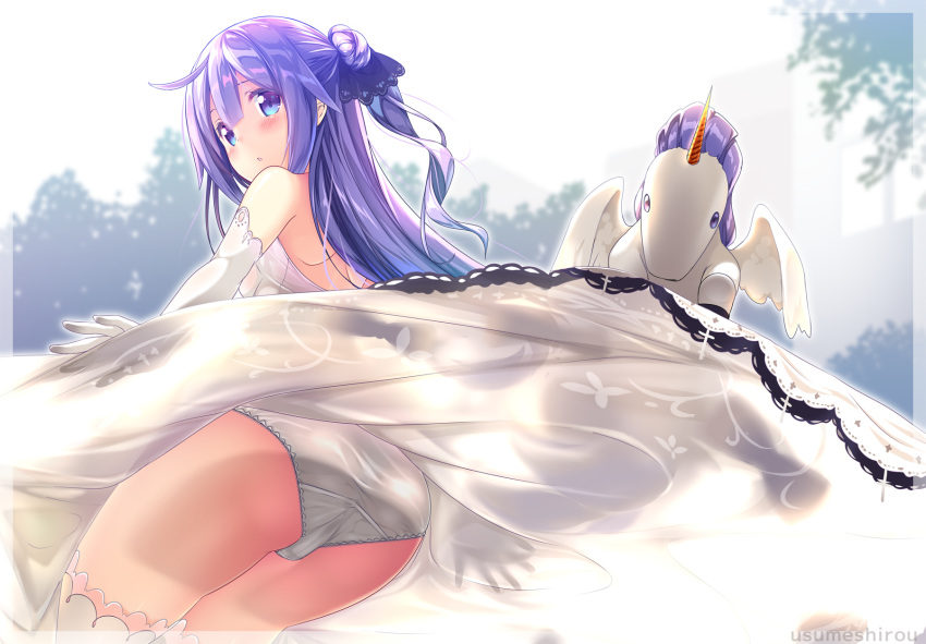 1girl :o artist_name ass azur_lane bangs bare_shoulders black_ribbon blush commentary_request dress elbow_gloves eyebrows_visible_through_hair gloves hair_between_eyes hair_bun hair_ribbon highres long_hair looking_at_viewer looking_back one_side_up panties parted_lips purple_hair ribbon see-through shoulder_blades side_bun sleeveless sleeveless_dress solo stuffed_animal stuffed_pegasus stuffed_toy stuffed_unicorn thigh-highs underwear unicorn_(azur_lane) usume_shirou very_long_hair violet_eyes white_dress white_gloves white_legwear white_panties