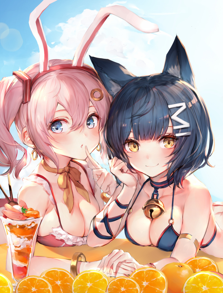 2girls animal_ears armlet bell bell_collar black_bikini_top black_hair blue_eyes blue_sky blush bracelet breasts cat_ears chin_rest choker cleavage collar day fake_animal_ears finger_to_mouth hair_ornament hairband hand_holding highres index_finger_raised jewelry large_breasts lens_flare looking_at_viewer medium_breasts multiple_girls original outdoors oyu_(sijimisizimi) parfait pink_hair rabbit_ears red_bikini_top red_hairband ribbon ribbon_choker shiny shiny_hair short_hair sideboob sky smile twintails upper_body yellow_eyes yellow_ribbon