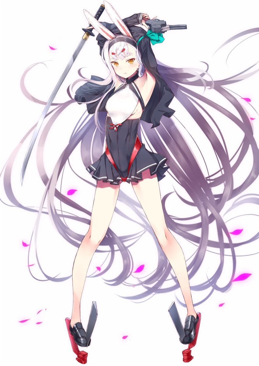 1girl animal_ears armpits azur_lane bangs bare_shoulders breasts brown_eyes dabadhi dress eyebrows_visible_through_hair hairband highres long_hair long_sleeves rabbit_ears shimakaze_(azur_lane) simple_background skirt small_breasts solo thick_eyebrows very_long_hair white_hair