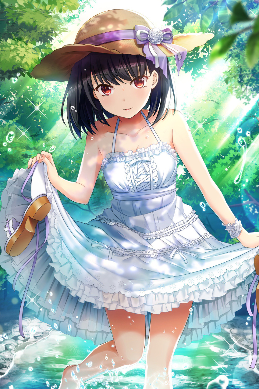 1girl absurdres alternative_girls bangs bare_shoulders black_hair blush bow bracelet breasts collarbone dappled_sunlight day dress eyebrows_visible_through_hair fingernails frilled_dress frills hat hat_bow highres jewelry lavender_ribbon leaf looking_at_viewer medium_breasts no_shoes official_art onitsuka_chiho outdoors parted_lips purple_bow red_eyes short_hair smile splashing sun_hat sunlight tree wading water white_dress