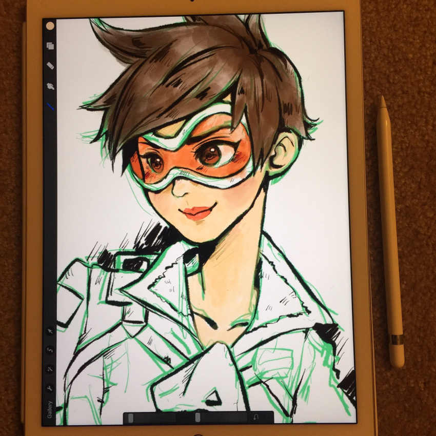 1girl brown_hair carpet closed_mouth collared_jacket commentary english_commentary goggles highres ipad jacket lips lipstick looking_to_the_side makeup orange_goggles overwatch partially_colored photo portrait red_lipstick short_hair solo sooyun_choi spiky_hair stylus tablet_pc tracer_(overwatch)