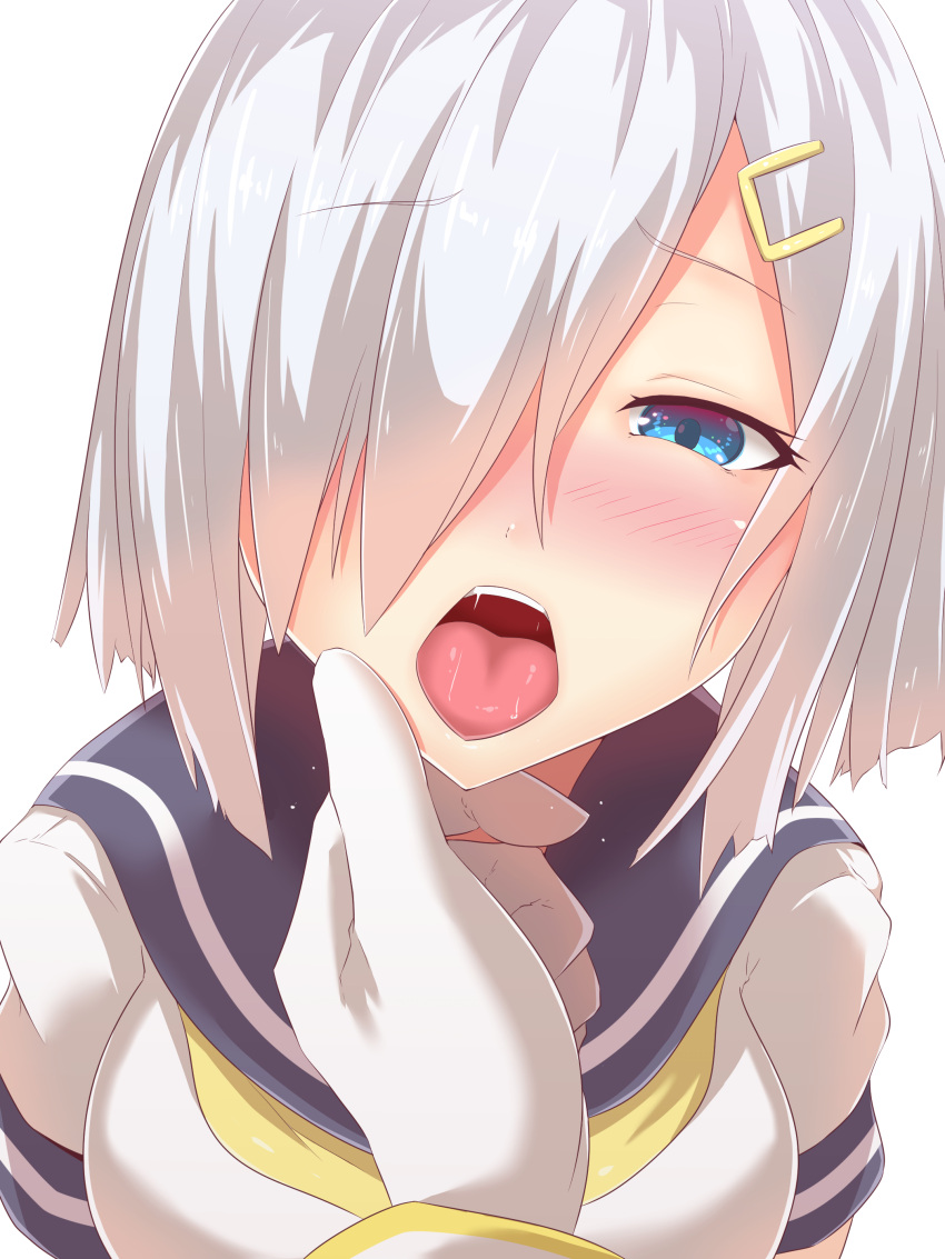 1girl absurdres blue_eyes blush breasts chin_grab commentary_request eyebrows_visible_through_hair eyes_visible_through_hair hair_ornament hair_over_one_eye hairclip hamakaze_(kantai_collection) hand_on_another's_chin highres kantai_collection large_breasts looking_at_viewer open_mouth school_uniform serafuku short_hair short_sleeves silver_hair twinameless yellow_neckwear