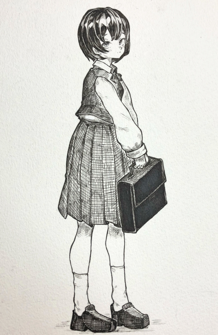 1girl absurdres bangs blush bow bowtie briefcase closed_mouth full_body highres holding loafers long_sleeves looking_at_viewer mashimashi monochrome original pleated_skirt school_uniform shoes short_hair skirt socks solo standing traditional_media