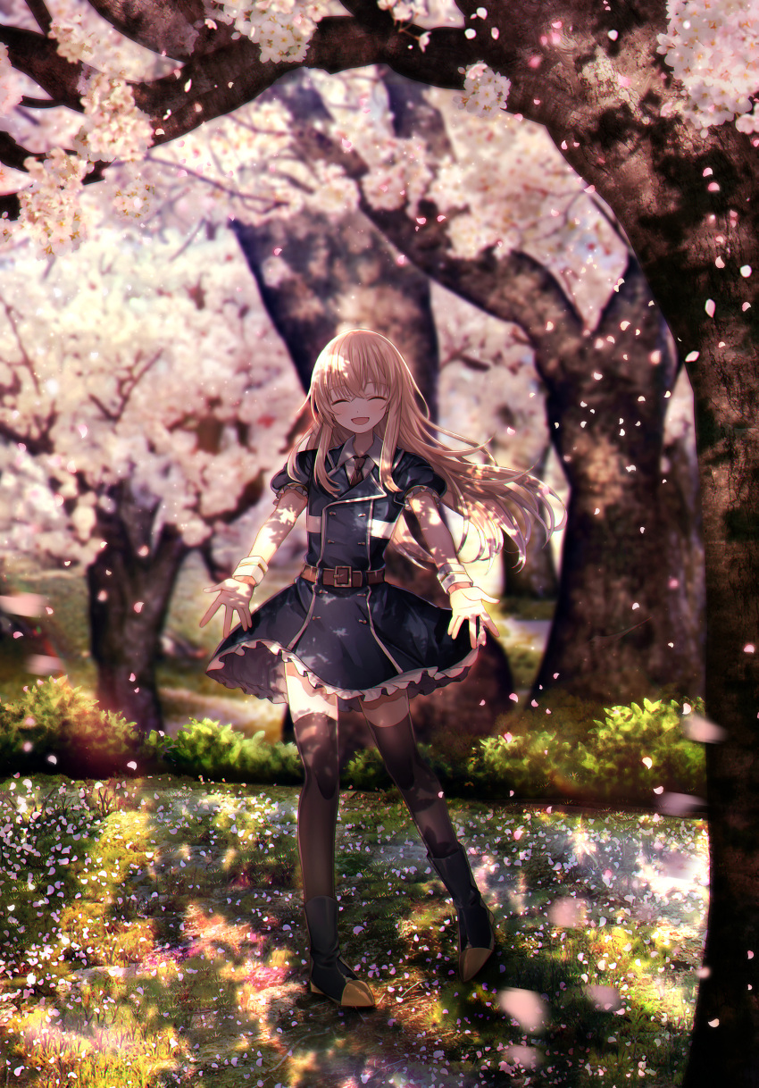 1boy ^_^ abandon_ranka absurdres black_legwear blonde_hair blurry boots cherry_blossoms closed_eyes closed_eyes depth_of_field dress grass highres huge_filesize male_focus midare_toushirou open_mouth otoko_no_ko outstretched_arms petals smile thigh-highs touken_ranbu tree