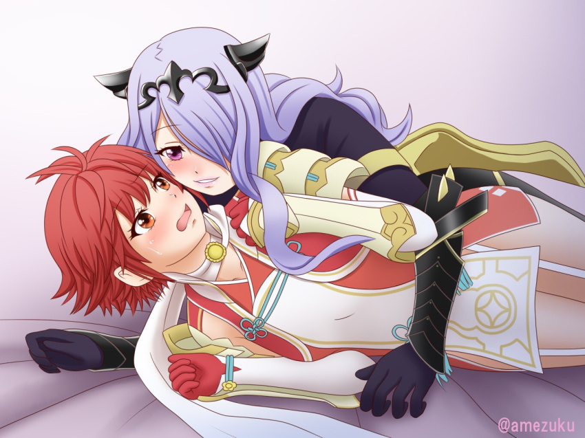 2girls amezuku armor black_armor blush breasts camilla_(fire_emblem_if) cleavage fire_emblem fire_emblem_heroes fire_emblem_if gloves hair_over_one_eye hinoka_(fire_emblem_if) long_hair multiple_girls open_mouth purple_hair red_eyes redhead short_hair smile tiara very_long_hair violet_eyes wavy_hair yuri