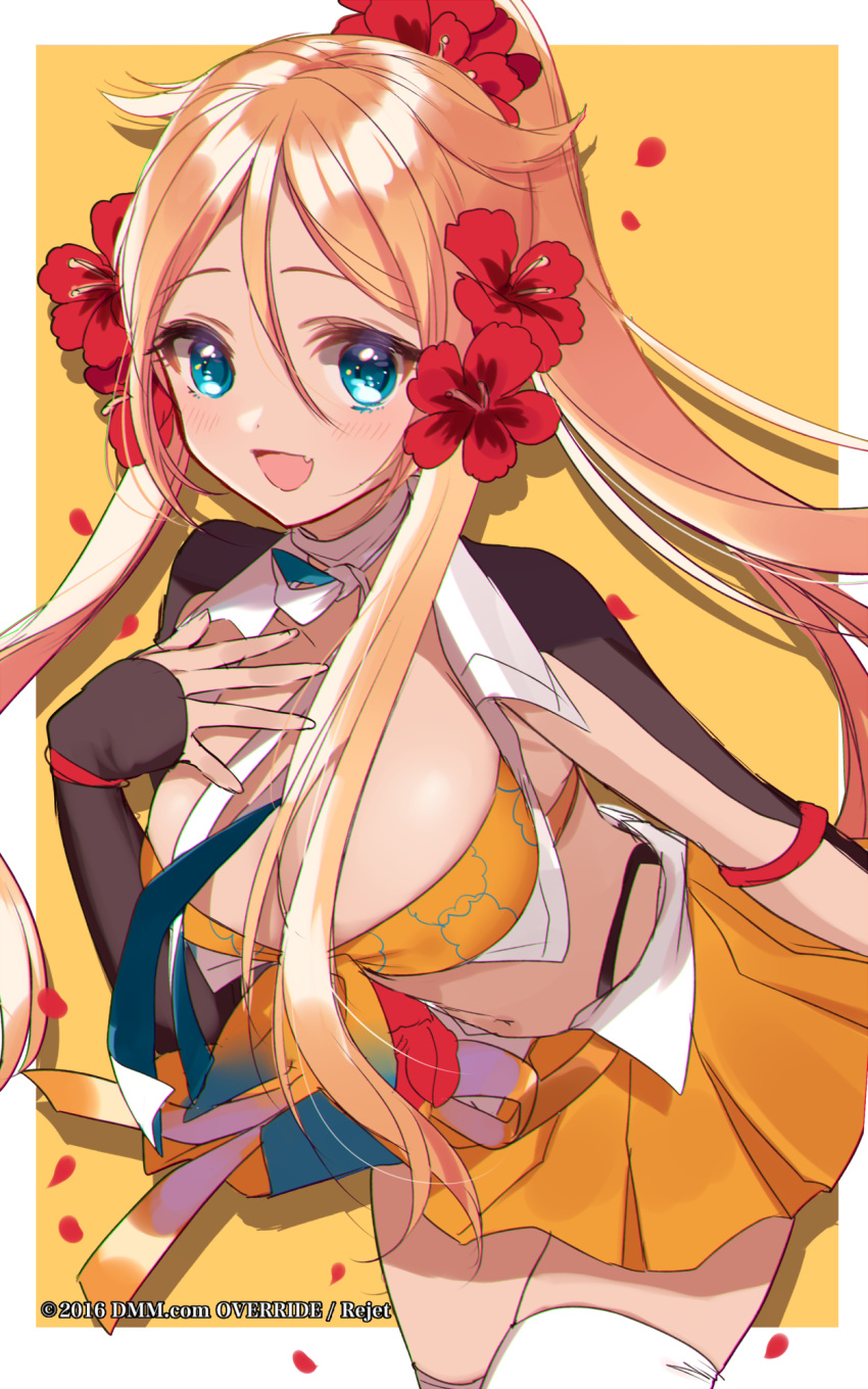 1girl :d bikini bikini_top blue_eyes blush border breasts cleavage copyright_request cowboy_shot fang flower hair_flower hair_ornament highres large_breasts leaning_forward long_hair looking_at_viewer midriff misumi_(macaroni) navel open_mouth orange_bikini orange_hair orange_ribbon orange_skirt pleated_skirt ponytail red_flower ribbon skirt smile solo swimsuit thigh-highs white_border white_legwear yellow_background