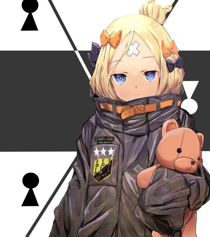 1girl abigail_williams_(fate/grand_order) absurdres alternate_hairstyle artist_request bandaid_on_forehead bangs belt black_bow black_jacket blonde_hair blue_eyes bow closed_mouth commentary_request fate/grand_order fate_(series) forehead grey_background hair_bow hair_bun high_collar highres holding holding_stuffed_animal jacket keyhole long_hair looking_at_viewer orange_bow parted_bangs polka_dot polka_dot_bow sleeves_past_fingers sleeves_past_wrists solo stuffed_animal stuffed_toy teddy_bear two-tone_background white_background