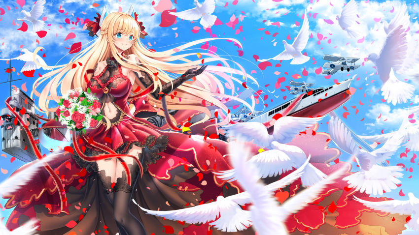 1girl aircraft airplane animal azur_lane bangs bare_shoulders biplane bird black_gloves black_legwear blonde_hair blue_sky blush bouquet braid breasts closed_mouth clouds commentary_request day dress elbow_gloves eyebrows_visible_through_hair flower flying glorious_(azur_lane) gloves green_eyes hair_ribbon headgear highres holding holding_bouquet lace lace_gloves large_breasts long_hair looking_away looking_to_the_side navel navel_cutout outdoors petals red_dress red_flower red_ribbon red_rose ribbon rose rose_petals sky sleeveless sleeveless_dress smile solo standing swordsouls thigh-highs very_long_hair