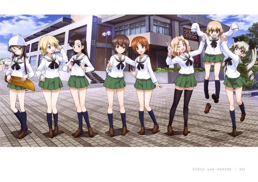 6+girls :d ;) ;d absurdres anchovy arms_up black_bow black_hair black_legwear black_neckwear blonde_hair blue_legwear blue_sky bow brown_eyes brown_footwear copyright_name darjeeling day drill_hair eyebrows_visible_through_hair girls_und_panzer grin hair_between_eyes hair_bow hand_in_hair hand_on_another's_shoulder hat head_tilt highres holding holding_instrument index_finger_raised instrument katyusha kay_(girls_und_panzer) kneehighs loafers long_hair looking_at_viewer mika_(girls_und_panzer) miniskirt multiple_girls nishi_kinuyo nishizumi_maho nishizumi_miho official_art one_eye_closed ooarai_school_uniform open_mouth outdoors page_number pleated_skirt shiny shiny_hair shirt shoes short_hair silver_hair skirt sky smile thigh-highs twin_drills twintails very_long_hair w white_hat white_shirt yoshida_nobuyoshi zettai_ryouiki