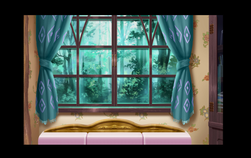 birijian black_border border curtains day forest indoors nature no_humans scenery touhou tree window