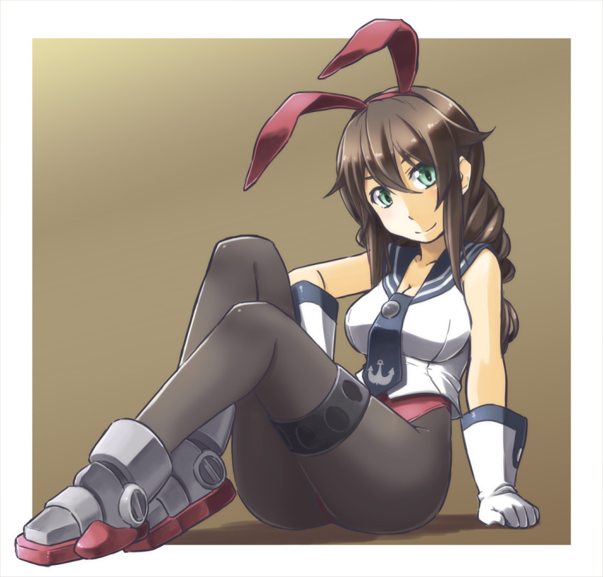 1girl adapted_costume alto-00 anchor_symbol animal_ears bangs black_legwear black_neckwear black_sailor_collar braid breasts brown_background brown_hair bunny_girl bunnysuit cleavage full_body gloves gradient gradient_background green_eyes kantai_collection leotard looking_at_viewer necktie noshiro_(kantai_collection) pantyhose rabbit_ears red_leotard sailor_collar solo swept_bangs twin_braids white_gloves