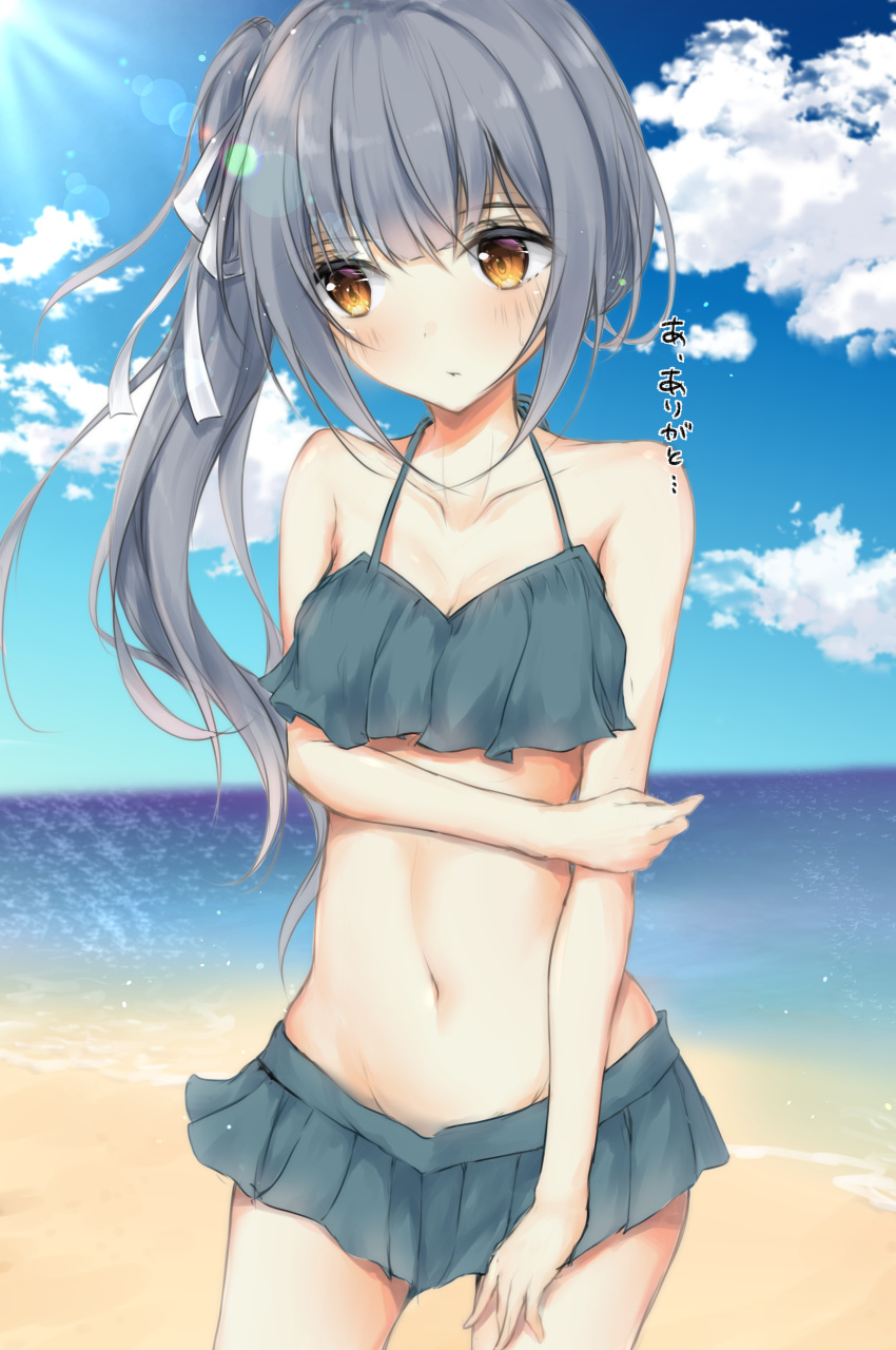 1girl absurdres bangs bare_arms bare_shoulders beach bikini blue_sky blush breasts brown_eyes cleavage closed_mouth clouds collarbone commentary_request day eyebrows_visible_through_hair green_bikini grey_ribbon groin hair_between_eyes hair_ribbon highres horizon kantai_collection kasumi_(kantai_collection) long_hair looking_away looking_to_the_side medium_breasts navel ocean outdoors ribbon sand side_ponytail sidelocks sky solo standing swimsuit translated uzuki_tsukuyo very_long_hair water