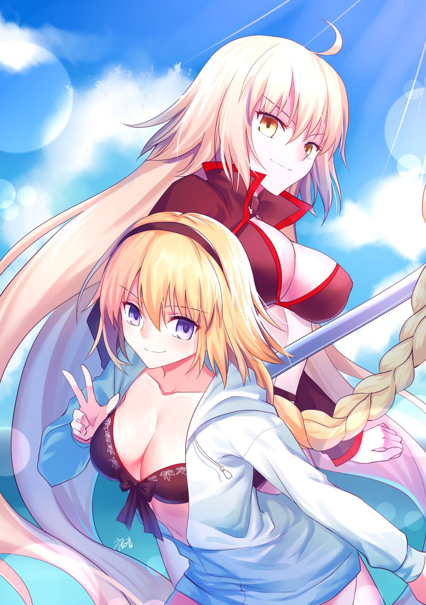 2girls absurdres ahoge bangs bikini black_bikini black_hairband black_jacket blonde_hair blue_eyes blue_jacket blue_sky blush braid breasts cleavage closed_mouth clouds collarbone commentary_request day eyebrows_visible_through_hair fate/grand_order fate_(series) front-tie_bikini front-tie_top gogatsu_fukuin hair_between_eyes hairband highres hood hood_down hooded_jacket jacket jeanne_d'arc_(alter_swimsuit_berserker) jeanne_d'arc_(fate) jeanne_d'arc_(fate)_(all) large_breasts long_hair long_sleeves multiple_girls open_clothes open_jacket outdoors sky smile swimsuit v very_long_hair yellow_eyes