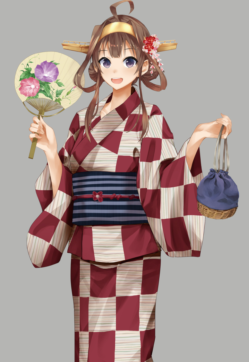 1girl :d alternate_costume bag bangs blush breasts brown_hair eyebrows_visible_through_hair fan flower grey_background hair_flower hair_ornament highres holding holding_bag holding_fan japanese_clothes kantai_collection kanzashi kimono kinchaku kongou_(kantai_collection) konkito long_hair long_sleeves looking_at_viewer obi open_mouth paper_fan pouch sash sidelocks simple_background smile solo uchiwa upper_teeth violet_eyes wide_sleeves yukata