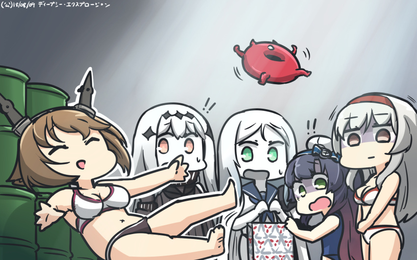 ! 5girls aircraft_carrier_water_oni alternate_costume aqua_eyes bag bangs barrel bikini black_dress blank_stare blue_swimsuit breasts brown_hair closed_eyes comic commentary dated dress enemy_lifebuoy_(kantai_collection) gradient_hair green_eyes hairband hamu_koutarou headgear height_difference highres kantai_collection kunihiko_moriguchi large_breasts long_hair matsuwa_(kantai_collection) medium_breasts midriff mitsukoshi_(department_store) multicolored_hair multiple_girls mutsu_(kantai_collection) one-piece_swimsuit open_mouth orange_eyes pale_skin parted_bangs pink_hair purple_hair red_eyes ribbed_dress sailor_collar sailor_dress sailor_shirt shaded_face shinkaisei-kan shirt short_dress short_hair shoukaku_(kantai_collection) signature silent_comic slipping spoken_exclamation_mark swimsuit ta-class_battleship trembling very_long_hair wavy_mouth white_bikini white_hair white_skin