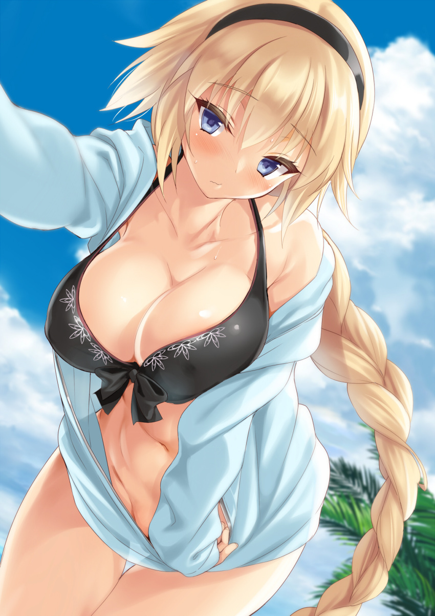 1girl bangs bare_shoulders bikini black_bikini blonde_hair blue_eyes blue_jacket blue_sky blush bottomless braid breasts cleavage collarbone day eyebrows_visible_through_hair eyelashes fate/grand_order fate_(series) hairband highres hips hood hoodie jacket jeanne_d'arc_(fate)_(all) jeanne_d'arc_(swimsuit_archer) kure_masahiro large_breasts leaning_forward long_braid long_hair looking_at_viewer navel no_panties off_shoulder palm_tree self_shot sky solo sweat sweatdrop swimsuit thighs thighs_together tree very_long_hair waist