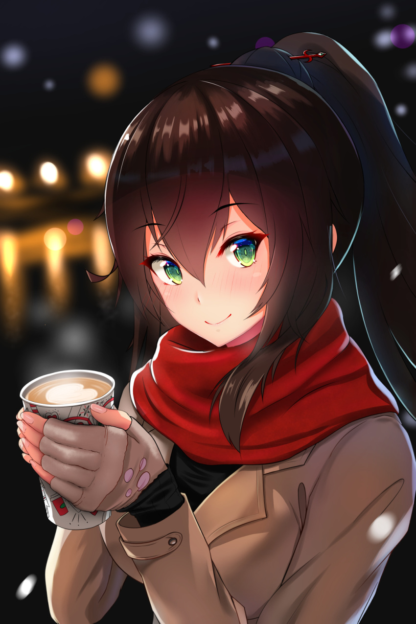 1girl bangs black_hair blurry blurry_background blush breasts bright_pupils brown_coat brown_gloves chinese_commentary closed_mouth coat coffee_cup commentary_request cup damao_yu disposable_cup eyebrows_visible_through_hair fingerless_gloves fingernails gloves green_eyes hair_between_eyes hair_ornament hair_stick heart highres holding holding_cup long_hair long_sleeves looking_at_viewer medium_breasts nail_polish night open_clothes open_coat original outdoors pink_nails red_scarf scarf shiny shiny_hair sidelocks smile solo