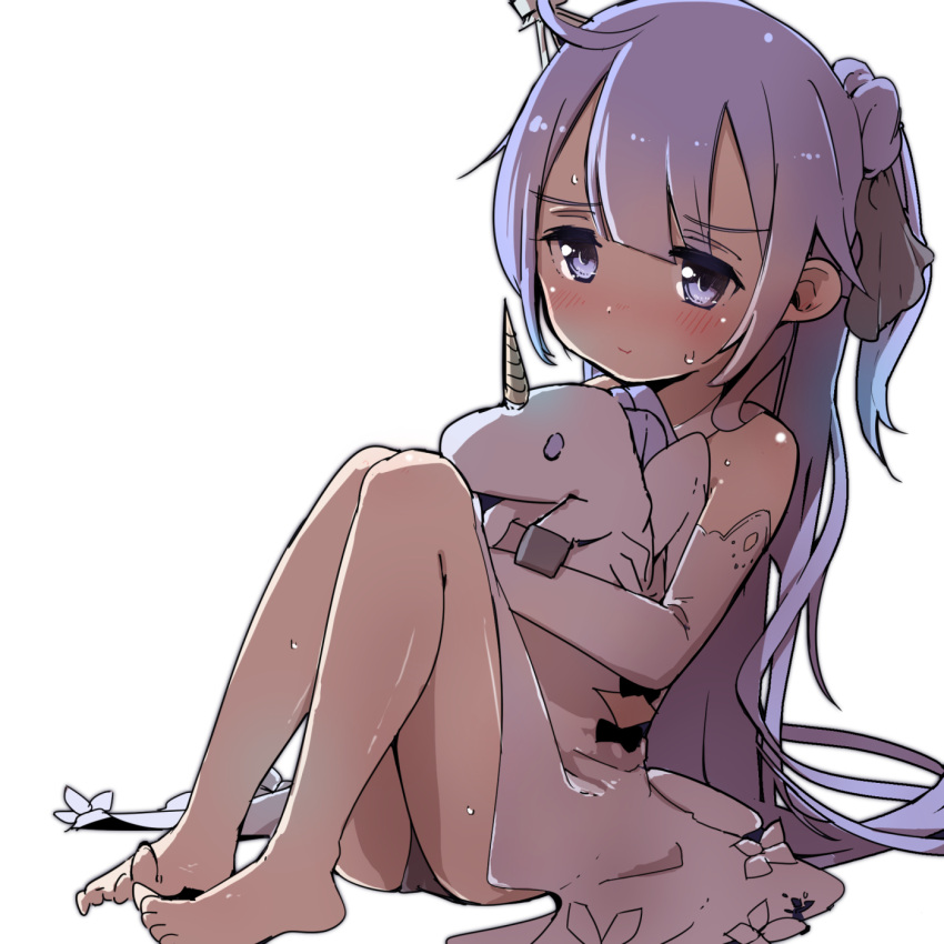 1girl ahoge azur_lane bangs bare_legs barefoot black_bow black_panties black_ribbon bow closed_mouth commentary_request detached_sleeves dress eyebrows_visible_through_hair hair_bow hair_bun hair_ribbon highres keshigomukun long_hair long_sleeves no_legwear object_hug one_side_up panties purple_hair ribbon side_bun simple_background sitting sleeveless sleeveless_dress solo stuffed_animal stuffed_pegasus stuffed_toy stuffed_unicorn underwear unicorn_(azur_lane) very_long_hair violet_eyes white_background white_dress