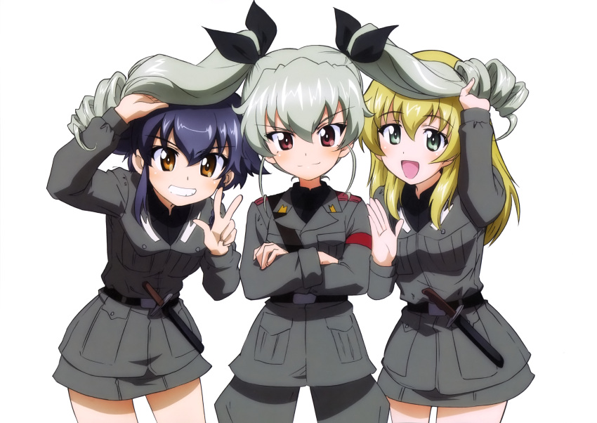 3girls ;d absurdres anchovy anzio_military_uniform armband belt black_bow black_shirt blonde_hair blue_hair blush bow braid brown_eyes carpaccio cowboy_shot crossed_arms dress_shirt drill_hair eyebrows_visible_through_hair girls_und_panzer green_eyes grey_jacket grey_pants grey_skirt grin hair_between_eyes hair_bow highres holding_another's_hair jacket leaning_forward long_hair looking_at_viewer military military_uniform miniskirt multiple_girls official_art one_eye_closed open_mouth pants pepperoni_(girls_und_panzer) red_eyes shiny shiny_hair shirt short_hair_with_long_locks sidelocks silver_hair simple_background single_braid skirt smile standing twin_drills twintails uniform w white_background yoshida_nobuyoshi