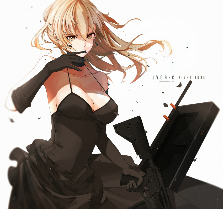 1girl ar-15 artist_name bangs bare_shoulders biting black_dress black_gloves blonde_hair breasts brown_eyes character_name chinese_commentary chinese_robot_kid cleavage collarbone commentary_request dress elbow_gloves floating_hair girls_frontline glove_biting gloves gun halterneck head_tilt highres holding holding_weapon large_breasts light_particles looking_at_viewer lvoa-c original revision rifle shaded_face sidelocks simple solo trigger_discipline upper_body weapon weapon_case white_background wind wind_lift
