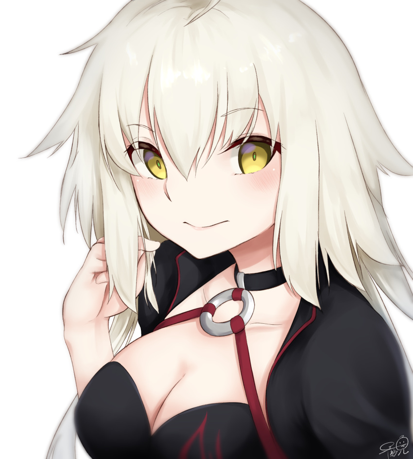 1girl ahoge arm_at_side bikini black_bikini black_jacket blush breasts cleavage closed_mouth collarbone commentary_request eyebrows_visible_through_hair fate/grand_order fate_(series) hair_between_eyes highres jacket jeanne_d'arc_(alter)_(fate) jeanne_d'arc_(alter_swimsuit_berserker) jeanne_d'arc_(fate)_(all) large_breasts long_hair looking_at_viewer o-ring pink_lips shirayuiii shy sidelocks signature simple_background solo swimsuit yellow_eyes