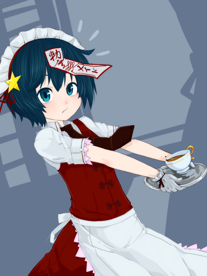 1girl :/ alternate_costume apron aqua_eyes aqua_hair bare_arms closed_mouth collared_shirt commentary_request cup dress dress_shirt dutch_angle enmaided frills gloves hair_between_eyes hair_ornament highres holding holding_tray jakomurashi looking_at_viewer maid maid_apron maid_headdress miyako_yoshika necktie ofuda outstretched_arms red_dress red_neckwear shirt short_hair short_sleeves solo star star_hair_ornament touhou tray waist_apron white_gloves white_shirt