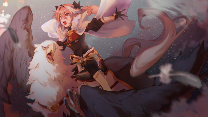 1boy absurdres armor astolfo_(fate) black_legwear braid cape eyebrows_visible_through_hair fate/apocrypha fate_(series) feathered_wings feathers flying from_side fur_trim gauntlets griffin hair_between_eyes highres huge_filesize long_hair male_focus night night_sky open_mouth pink_hair riding single_braid sky thigh-highs trap violet_eyes wings