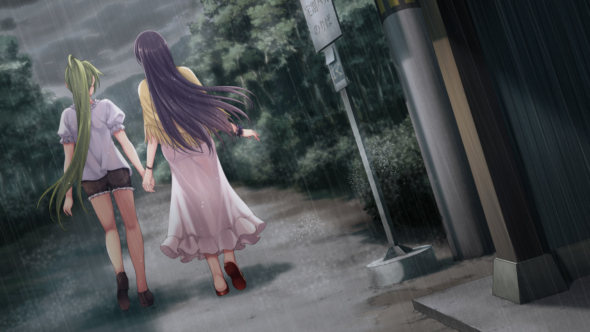 2girls back bus_stop clouds cloudy_sky dress from_behind furude_rika game_cg green_hair grey_sky hand_holding highres higurashi_no_naku_koro_ni hinamizawa_teiryuujo long_dress long_hair md5_mismatch multiple_girls official_art older outdoors ponytail puffy_short_sleeves puffy_sleeves purple_hair rain scenery short_sleeves skirt sky sonozaki_mion teenage tomozo_kaoru tree wet