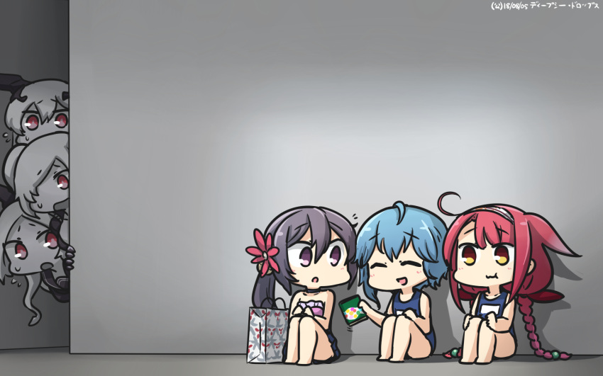 6+girls ^_^ ^o^ ahoge akebono_(kantai_collection) anchorage_oni armored_aircraft_carrier_hime asymmetrical_hair bell blue_hair blue_skirt blue_swimsuit braid candy closed_eyes closed_eyes commentary dated flower food hair_bell hair_between_eyes hair_flaps hair_flower hair_ornament hair_over_one_eye hairband hamu_koutarou highres holding jingle_bell kantai_collection kawakaze_(kantai_collection) kunihiko_moriguchi long_hair minazuki_(kantai_collection) mitsukoshi_(department_store) multiple_girls one-piece_swimsuit open_mouth pink_flower pleated_skirt purple_hair red_eyes redhead remodel_(kantai_collection) sakuma_drops school_swimsuit shinkaisei-kan short_hair side_ponytail skirt smile southern_ocean_oni swimsuit twin_braids violet_eyes white_hair white_hairband yellow_eyes