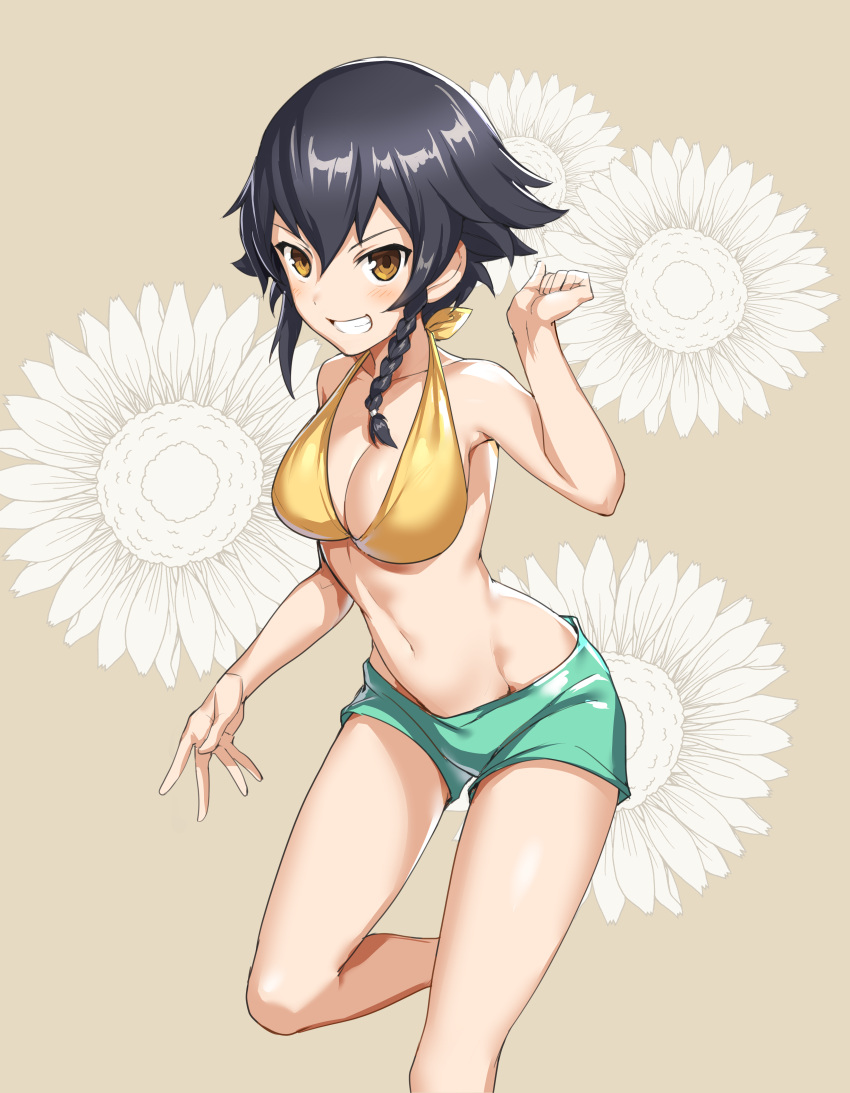 1girl absurdres bangs bikini bikini_shorts black_hair braid breasts brown_background brown_eyes cleavage clenched_hand commentary curcumin floral_background floral_print girls_und_panzer green_bikini_bottom grin highres leaning_forward leg_up looking_at_viewer medium_breasts mismatched_bikini navel pepperoni_(girls_und_panzer) short_hair shorts side_braid smile solo standing standing_on_one_leg swimsuit v-shaped_eyebrows yellow_bikini_top