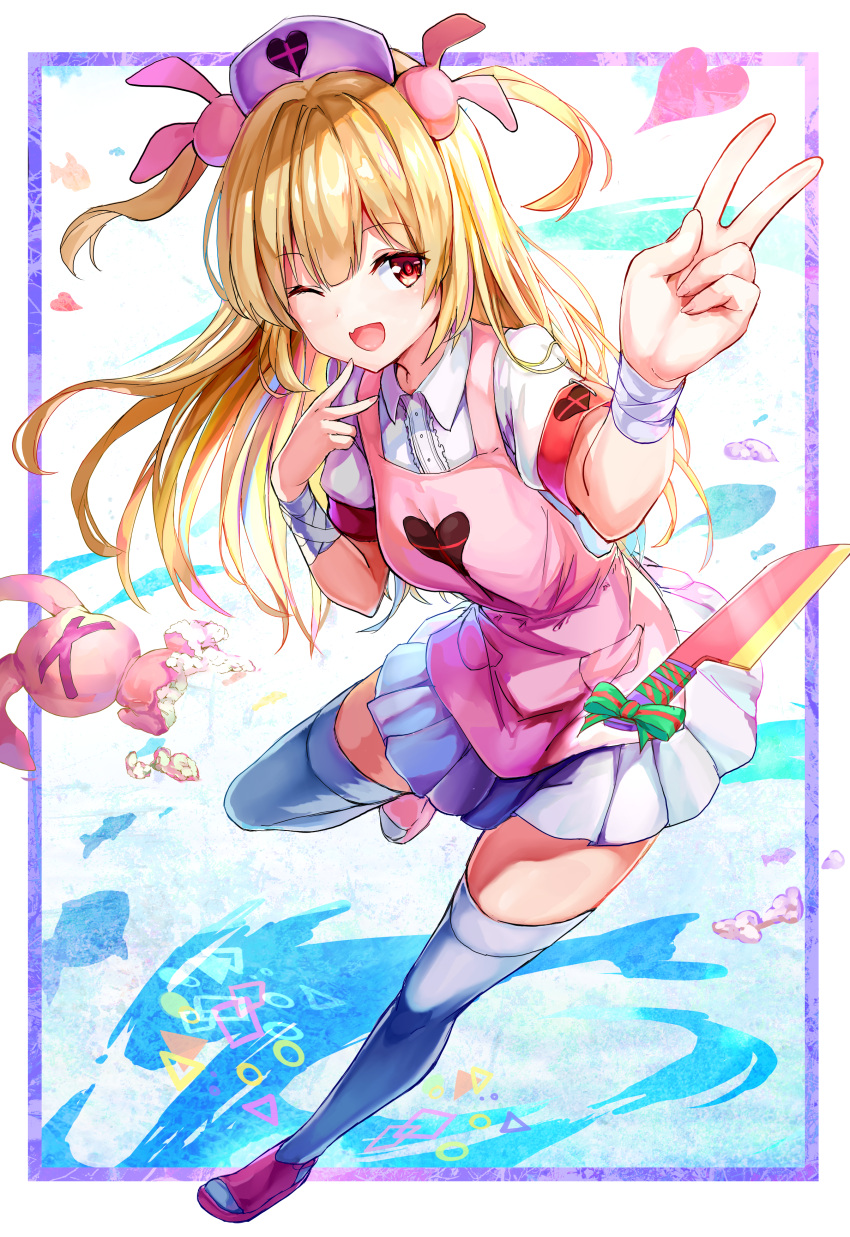 1girl ;d absurdres apron arm_up bangs blonde_hair bunny_hair_ornament collared_shirt commentary_request damaged eyebrows_visible_through_hair fang fingernails hair_between_eyes hair_ornament hand_up hat heart highres knife long_hair maeshimashi nail_polish natori_sana nurse_cap one_eye_closed open_mouth pink_apron pink_nails pleated_skirt puffy_short_sleeves puffy_sleeves purple_footwear purple_hat red_eyes sana_channel shirt short_sleeves skirt smile solo standing standing_on_one_leg stuffed_animal stuffed_bunny stuffed_toy thigh-highs two_side_up v very_long_hair virtual_youtuber white_legwear white_shirt white_skirt