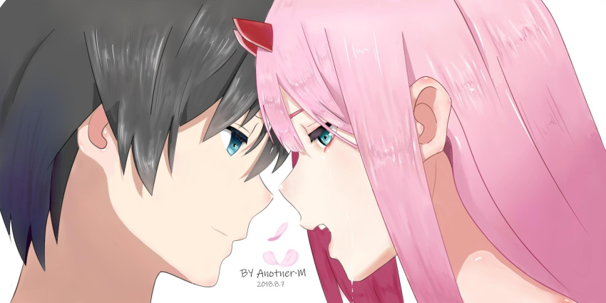 1boy 1girl another-m artist_name bangs black_hair blue_eyes commentary commentary_request couple darling_in_the_franxx dated english_commentary green_eyes hetero highres hiro_(darling_in_the_franxx) horns long_hair oni_horns petals pink_hair red_horns short_hair zero_two_(darling_in_the_franxx)