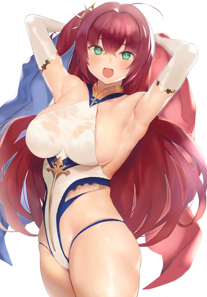 1girl absurdres ahoge armpits arms_behind_head arms_up azur_lane bangs blush breasts collarbone elbow_gloves fang gloves green_eyes hair_between_eyes hair_ornament halterneck highres hips large_breasts long_hair looking_at_viewer nekoshoko one-piece_swimsuit open_mouth redhead simple_background smile solo surcouf_(azur_lane) swimsuit very_long_hair waist white_background white_gloves white_swimsuit