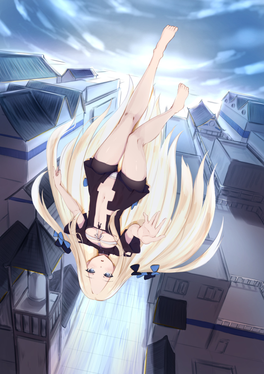 1girl abigail_williams_(fate/grand_order) bangs bare_legs barefoot bell bell_tower black_dress blonde_hair blue_bow blue_eyes blush bow breasts building commentary_request dress eyebrows_visible_through_hair fate/grand_order fate_(series) flying forehead hair_bow highres jilu long_hair navel outdoors panties parted_bangs parted_lips ribbon short_sleeves small_breasts solo tower underwear upside-down very_long_hair white_panties white_ribbon wide_sleeves