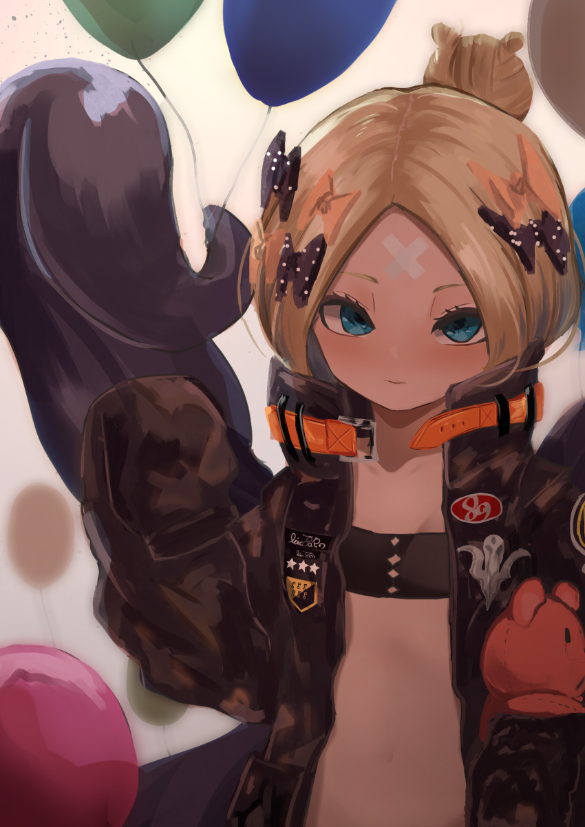 1girl abigail_williams_(fate/grand_order) alternate_hairstyle artist_request balloon bandaid_on_forehead bandeau bangs belt black_bow black_jacket blonde_hair blue_eyes blush bow fate/grand_order fate_(series) forehead hair_bow hair_bun high_collar highres holding holding_stuffed_animal jacket long_hair looking_at_viewer navel open_clothes open_jacket orange_bow parted_bangs polka_dot polka_dot_bow sleeves_past_fingers sleeves_past_wrists solo stuffed_animal stuffed_toy teddy_bear