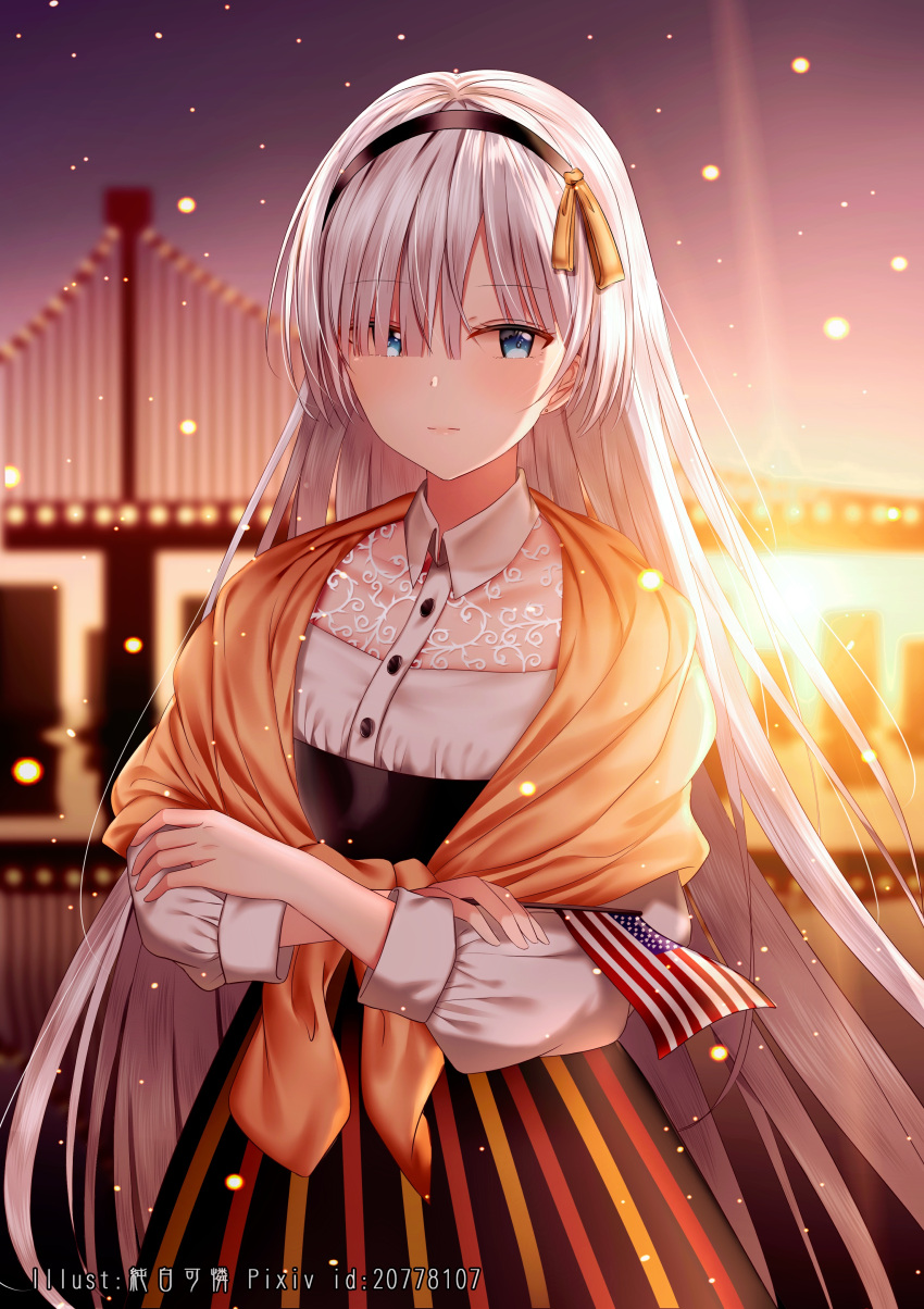 1girl absurdres american_flag anastasia_(fate/grand_order) bangs black_hairband black_skirt blue_eyes blurry blurry_background blush closed_mouth collared_shirt commentary_request crossed_arms depth_of_field dress dress_shirt eyebrows_visible_through_hair fate/grand_order fate_(series) flag golden_gate_bridge hair_over_one_eye hairband high-waist_skirt highres holding holding_flag junpaku_karen long_hair long_sleeves looking_at_viewer outdoors pixiv_id puffy_long_sleeves puffy_sleeves see-through shawl shirt silver_hair skirt sky solo standing striped vertical-striped_skirt vertical_stripes very_long_hair white_dress