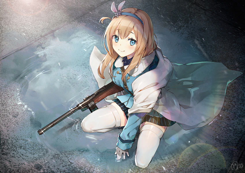 1girl bangs black_skirt blue_eyes blue_hairband blue_jacket blush breasts closed_mouth commentary eyebrows_visible_through_hair from_above girls_frontline gloves gun hair_between_eyes hair_ornament hairband holding holding_gun holding_weapon jacket light_brown_hair long_hair long_sleeves looking_at_viewer looking_up medium_breasts nagu object_namesake puddle shawl signature skirt sleeves_past_wrists smile snowflake_hair_ornament solo squatting striped submachine_gun suomi_kp/-31 suomi_kp31_(girls_frontline) thigh-highs vertical-striped_skirt vertical_stripes water weapon white_gloves white_legwear