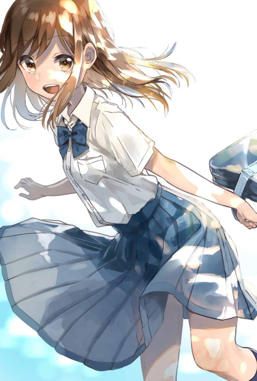 1girl :d bag bangs black_legwear blue_neckwear blue_skirt blush bow bowtie brown_eyes brown_hair collared_shirt commentary_request dress_shirt eyebrows_visible_through_hair hair_between_eyes highres holding holding_bag kneehighs leaning_forward long_hair looking_at_viewer open_mouth original pleated_skirt pomu school_bag school_uniform shirt short_sleeves skirt smile solo standing standing_on_one_leg upper_teeth white_shirt