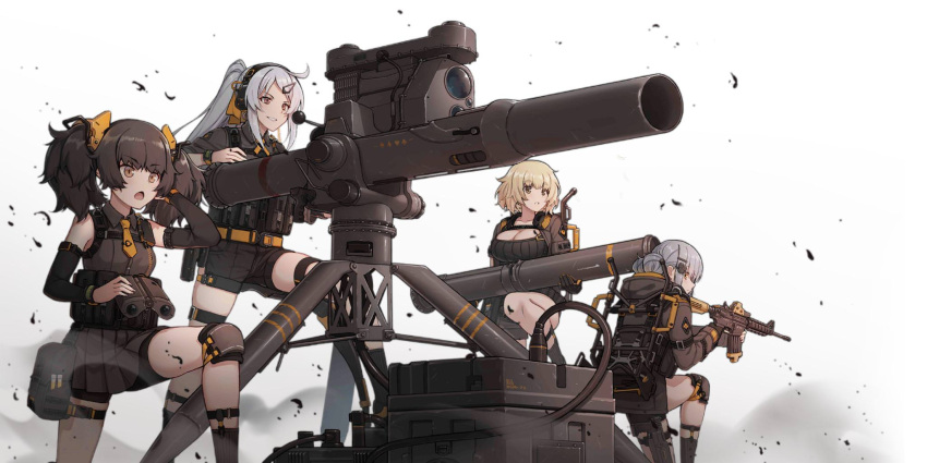 4girls anti-tank_missile artist_request assault_rifle bgm-71_(girls_frontline) breasts cable cleavage girls_frontline gun headset highres knee_pads missile multiple_girls official_art reloading rifle shorts socks tactical_clothes twintails weapon