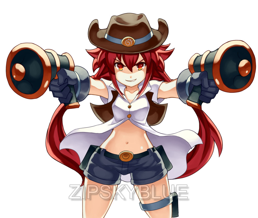 1girl absurdres black_gloves blue_shorts braid collarbone cowboy_shot dual_wielding gloves grin hair_between_eyes highres holding holster long_hair looking_at_viewer megaphone navel neptune_(series) partially_unbuttoned ryukenden shin_jigen_game_neptune_vii shirt short_shorts shorts simple_background smile solo tennouboshi_uzume twin_braids twintails very_long_hair white_background white_shirt