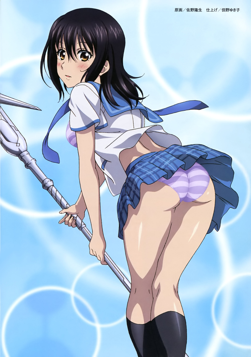 1girl absurdres ass bent_over black_hair black_legwear blue_skirt blush bra brown_eyes from_below hair_between_eyes highres himeragi_yukina holding holding_weapon kneehighs long_hair looking_at_viewer looking_back miniskirt open_clothes open_mouth open_shirt panties pleated_skirt polearm purple_bra purple_panties sano_takao shiny shiny_clothes shiny_skin shirt skirt solo spear standing strike_the_blood striped striped_bra striped_panties underwear weapon white_shirt