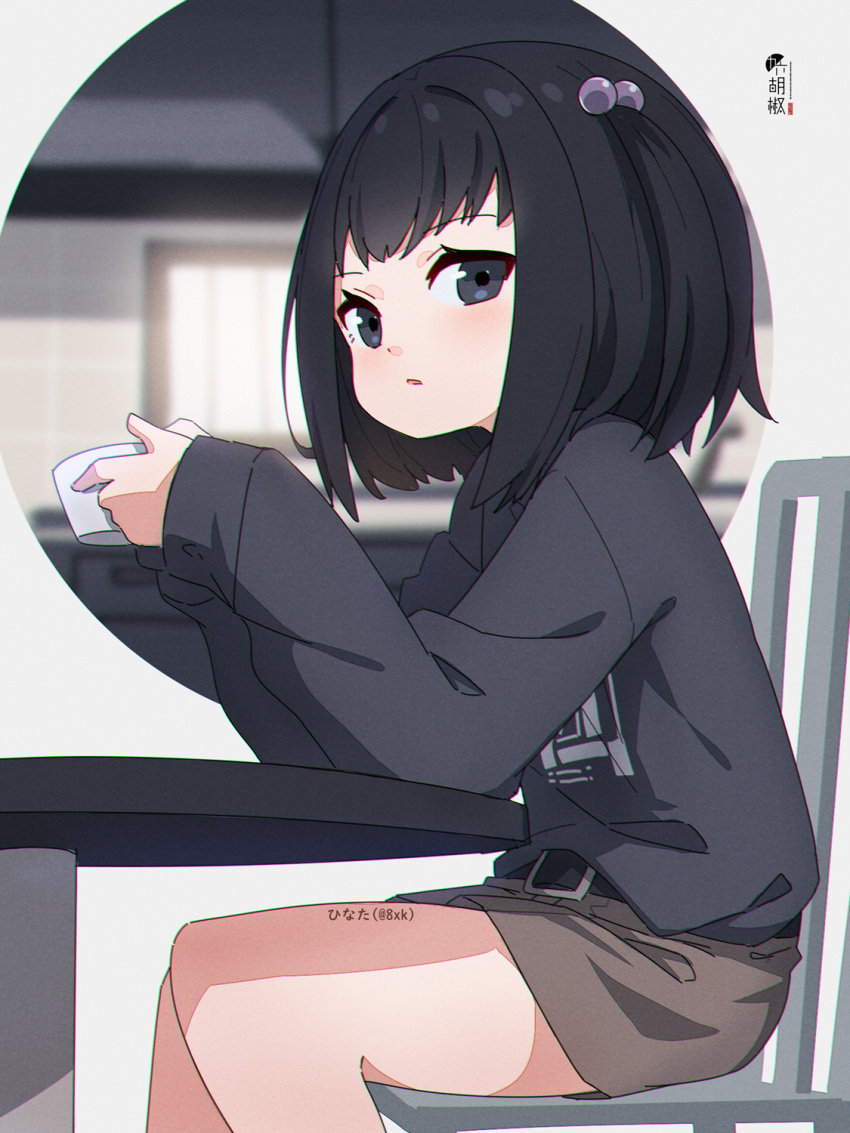 1girl belt black_belt black_eyes black_hair black_shirt brown_shorts chair commentary commission cup feet_out_of_frame hair_bobbles hair_ornament hands_up highres holding holding_cup kuro_kosyou long_sleeves looking_at_viewer on_chair one_side_up original parted_lips shirt short_shorts shorts sitting skeb_commission sleeves_past_wrists solo table