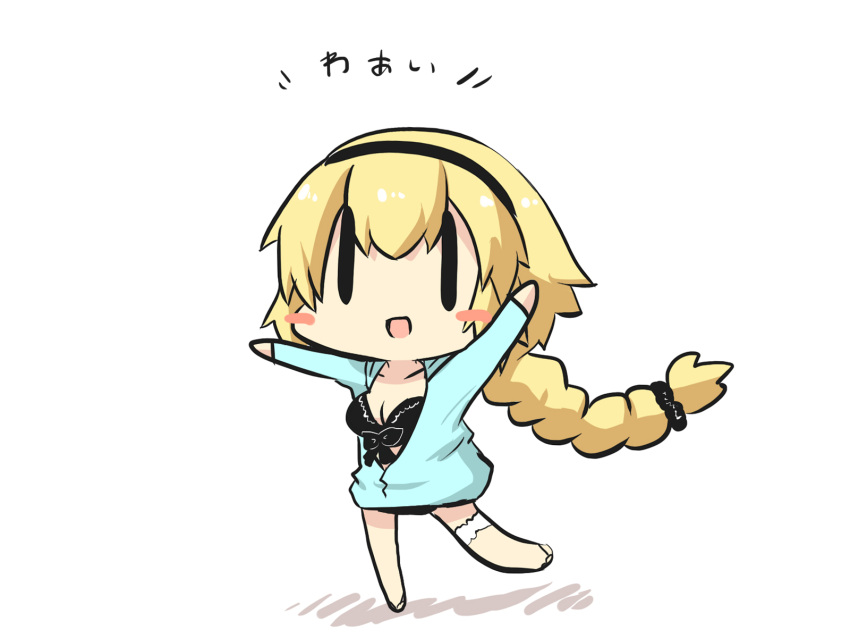 1girl arms_up blonde_hair blush_stickers braid breasts chibi cleavage comic commentary_request fate/grand_order fate_(series) front-tie_top goma_(gomasamune) hair_between_eyes hair_ornament hair_scrunchie hairband highres jacket jacket_over_swimsuit jeanne_d'arc_(fate) jeanne_d'arc_(fate)_(all) long_hair open_mouth scrunchie smile solo swimsuit thigh_strap translation_request
