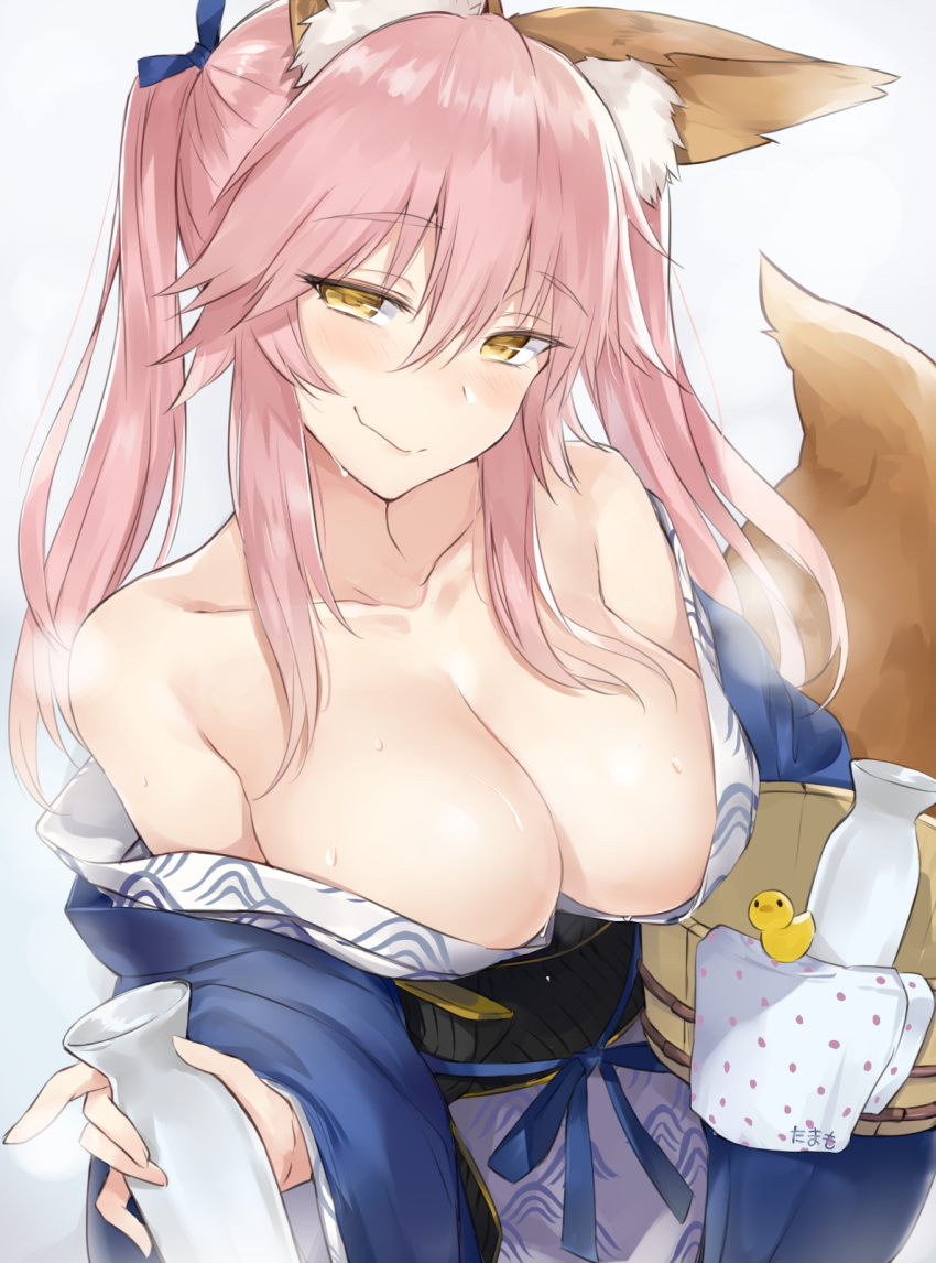 1girl animal_ears bangs bare_shoulders blush breasts cleavage closed_mouth collarbone fang fate/extra fate_(series) fox_ears fox_girl fox_tail hair_between_eyes highres japanese_clothes kyouki large_breasts long_hair looking_at_viewer pink_hair smile solo tail tamamo_(fate)_(all) tamamo_no_mae_(fate) yellow_eyes
